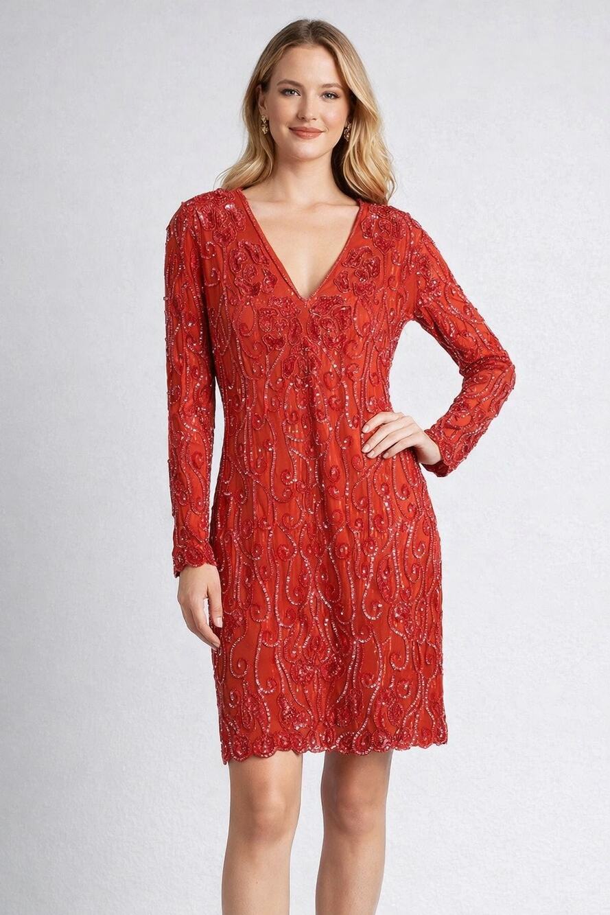 Vintage Sweelo Red Silk Beaded Sheath Dress Women’s 6/8 Long Sleeve Cocktail